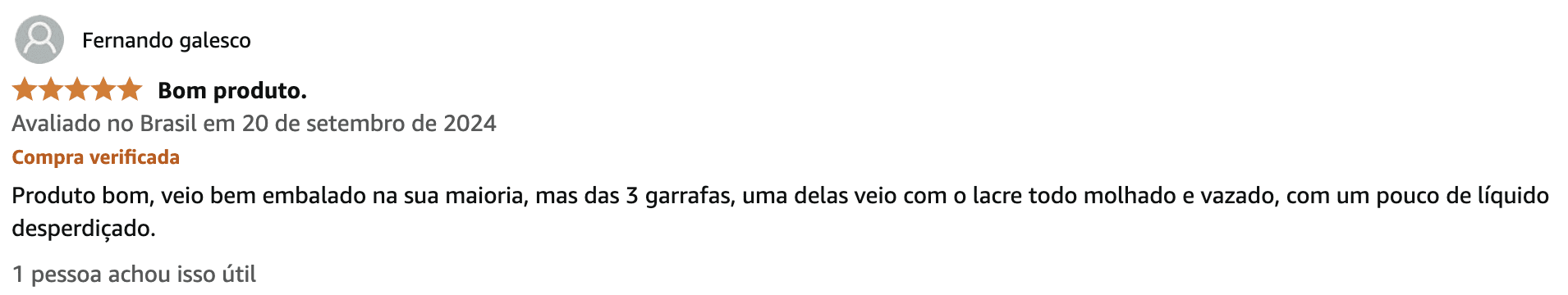 Comentário positivo de um comprador sobre uma bebida